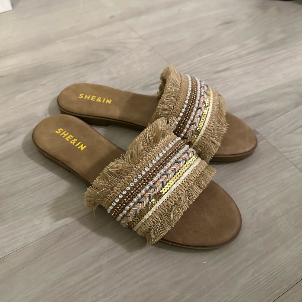 Embellished Wide Band Flat Slide Sandals - Picture 1 of 3